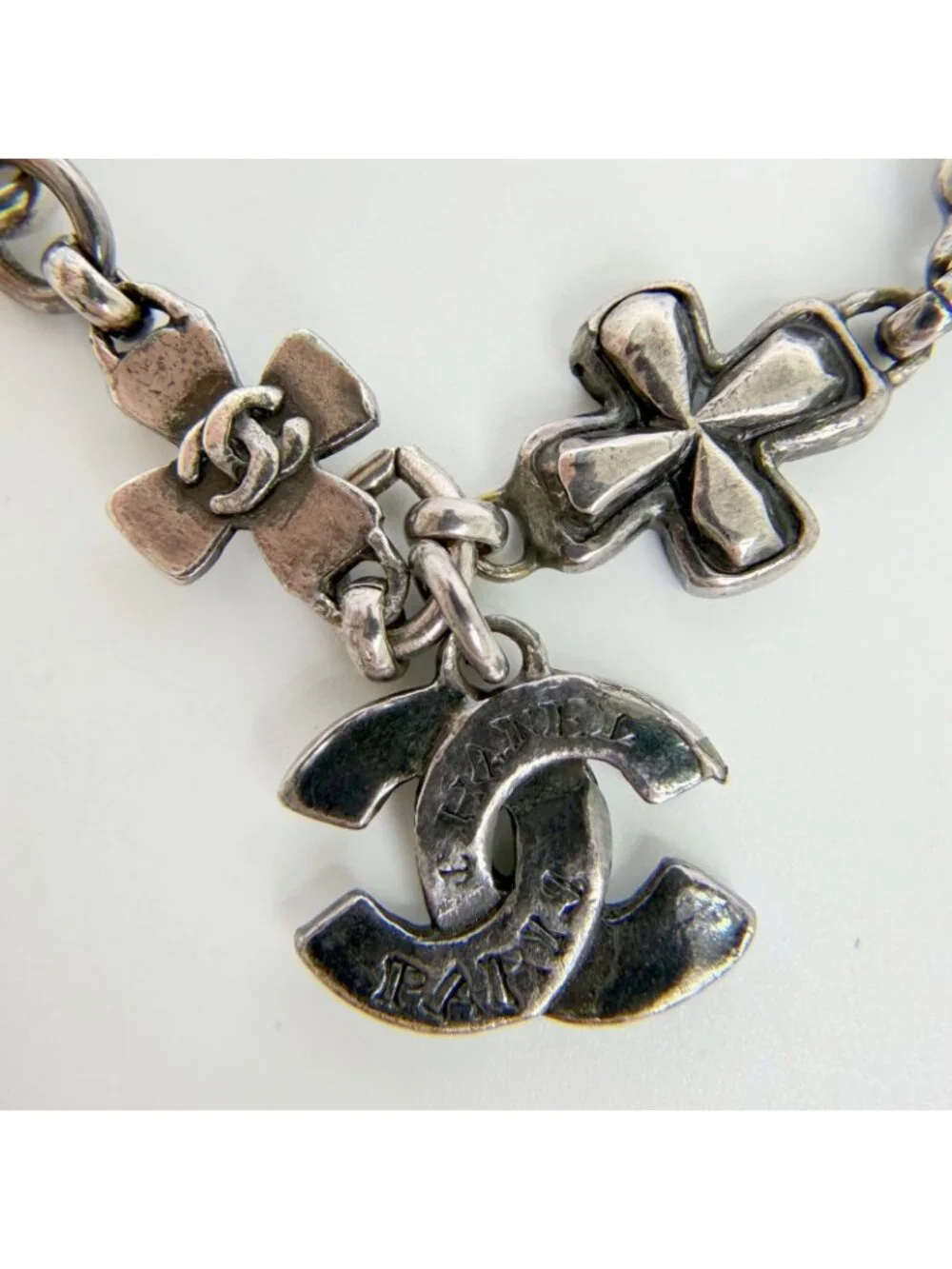 Chanel CC Logo Multi Charm Bracelet Plated Silver Vintage